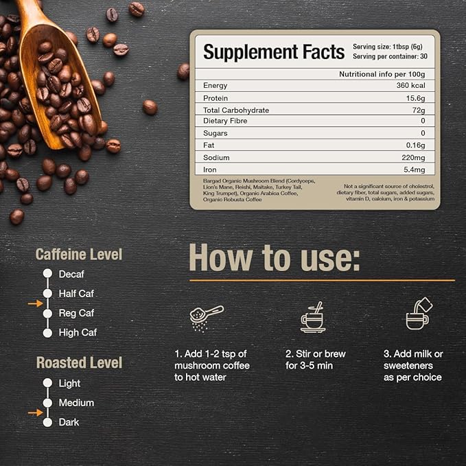 Mushroom Coffee | 6 Adaptogen Mushrooms | Premium Instant Coffee with Benefits of Lion's Mane Chaga &amp Turkey Tail for Better Focus Immune Support Energy Digestion &amp Skin | 30 Servings