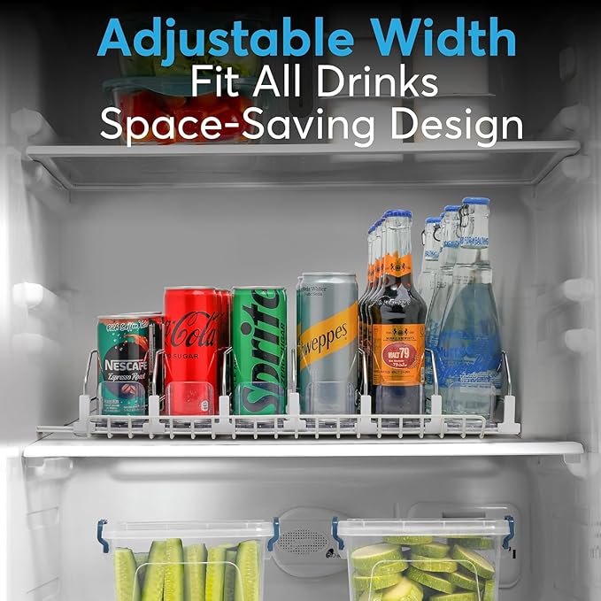 Dwella Drink Organizer for Fridge with Pusher Glide 5 Rows Spring Loaded Fridge Drink Dispenser Self Pushing Soda Can Organizer for Refrigerator Bottle Beverage Organizer for Fridge Drink Holder