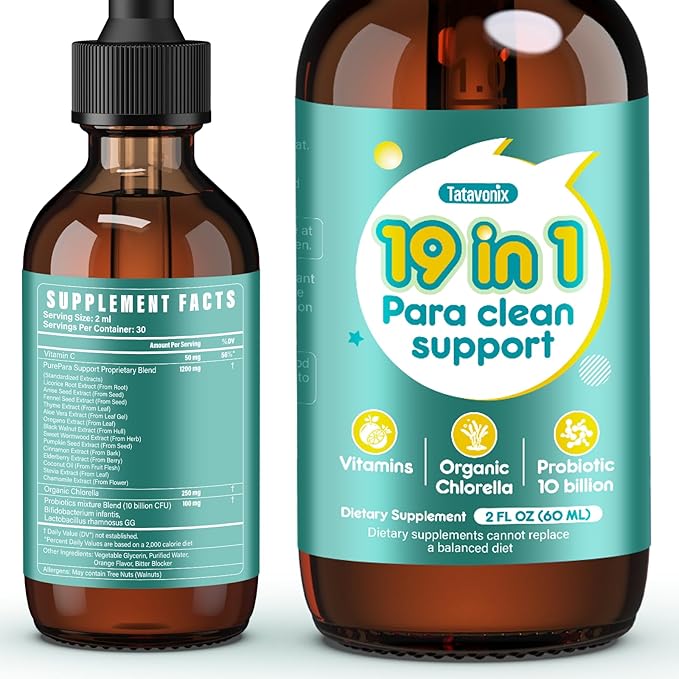 19 in 1 Herbal Gut Cleanse Drops – Wormwood Black Walnut Chlorella 250mg 10B Probiotics Clove &amp Oregano – Liquid Detox Support for Adults &amp Kids Alcohol-Free 2oz