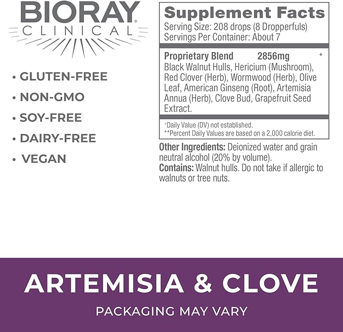 BIORAY Clinical Artemisia &amp Clove - 2 fl oz - Unwanted Organism Removal with Medicinal Mushrooms - Non-GMO Vegetarian Gluten Free