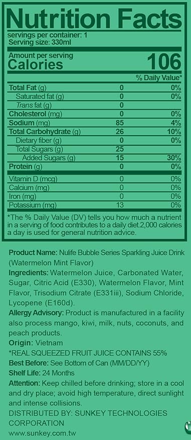 Nülife Bubble Series Sparkling Fruit Juice 55% Real Juice Watermelon Mint Soda Refreshing Carbonated Fruit Water Minty Beverage Cans 11.2 Fl Oz (Pack of 12)