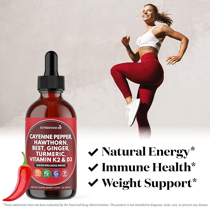 Cayenne Pepper Supplement Liquid Drops + Hawthorn Berry Vitamin D3 K2 Beet Root Powder Ceylon Cinnamon Turmeric Curcumin Organic Panax Ginseng - 6 OZ