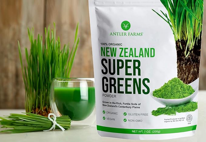 Antler Farms - 100% Pure Organic New Zealand Super Greens Powder 40 Servings 200g - Wheat Grass Barley Grass Chlorella Spirulina - Vegan Gluten Free Chlorophyll Rich for Energy and Detox