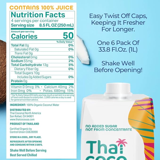 Thai Coco Organic Coconut Water No Sugar Added No Artificial Ingredients Natural Electrolytes 100% Pure Not from Concentrate - 33.8 fl. oz. (6 Pk)