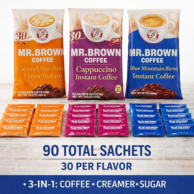 Mr. Brown Premium Instant Coffee Variety Pack - 3 Flavors (Blue Mountain Caramel Macchiato Cappuccino) - 90 Total 3-in-1 Coffee Mix Sachets - Sweet &amp Creamy