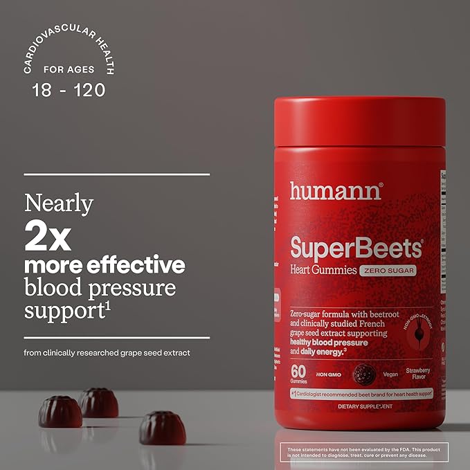 Humann SuperBeets Heart Gummies - Beet Gummy with Heart-Healthy Energy Support Grape Seed Extract &amp Beetroot Powder Zero Sugar - Strawberry Flavor 120 Count