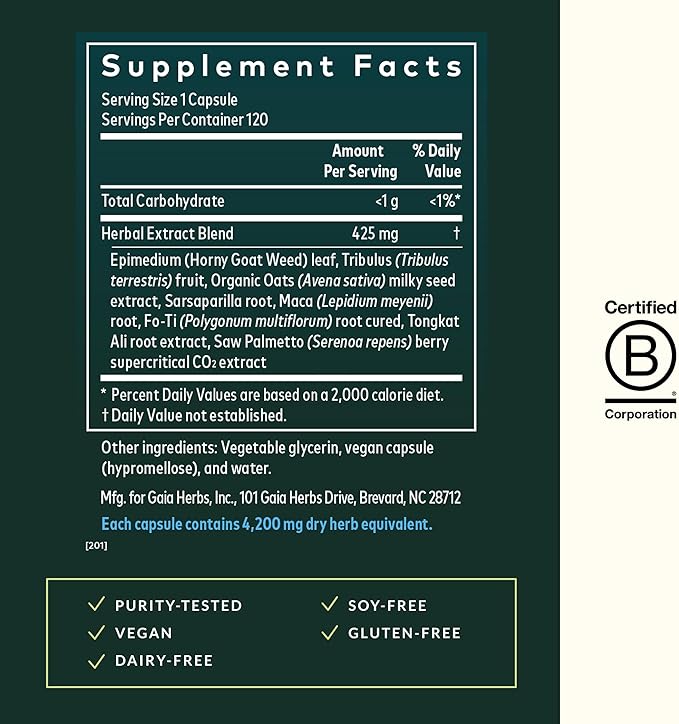 Gaia Herbs Male Libido - Herbal Supplement with Saw Palmetto Horny Goat Weed &amp Oats - Traditional Herbs to Support Vitality &amp Energy Levels for Men - 120 Vegan Liquid Phyto-Capsules (120 Serv