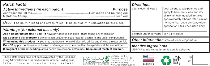 Respro Labs Natural Ashwagandha Patch with Melatonin - Continuous Release - 24 Patches