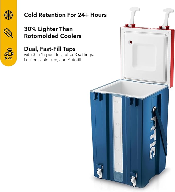 RTIC Halftime Water Cooler 6 Gallon Portable Carrier Container Drink Beverage Dispenser Stackable with 2 Taps Bottleless BPA-Free for Sports Camping BBQ Parties Picnic Patriot