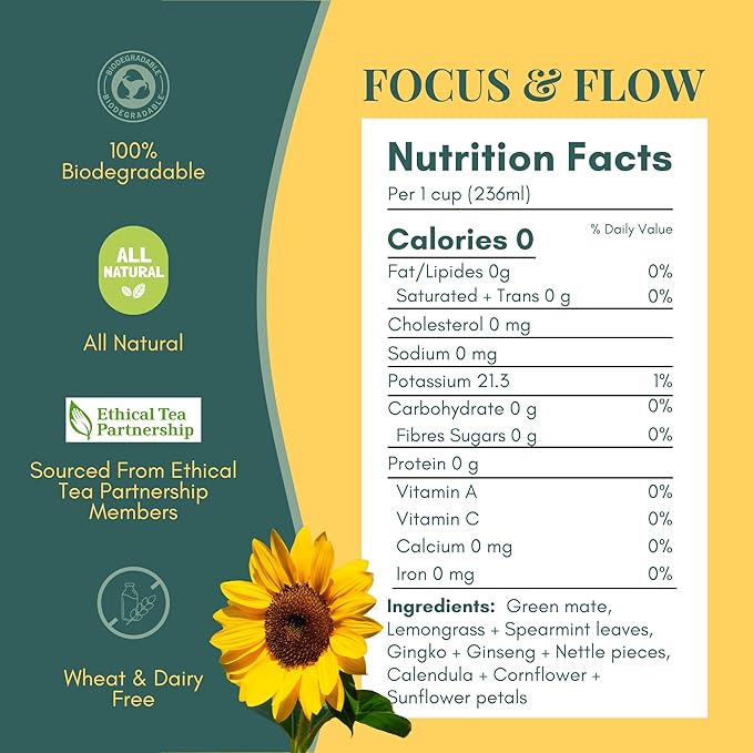 Tease Tea Yerba Mate - Focus &amp Flow Caffeinated Tea Brain Energy &amp Focus Blend with Yerba Mate Ginseng Ginkgo Spearmint &amp Citrus