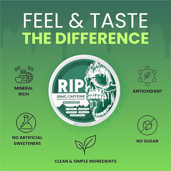 Immortal Drip RIP Nootropic Energy Pouches (Wintergreen) – 5 Cans – 15 Pouches per Can – Clean Energy &amp Focus Support – 50mg Caffeine Shilajit Alpha-GPC L-Tyrosine Rhodiola