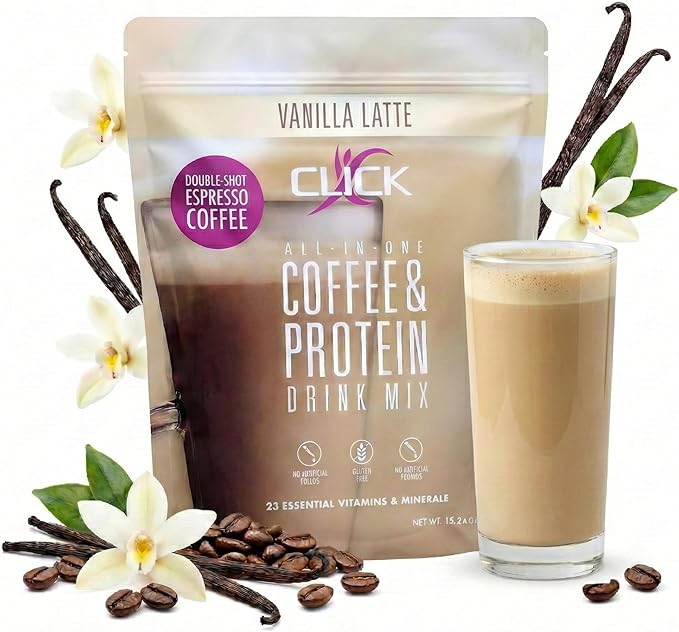 Click Coffee Protein Powder | Double Shot Espresso | 16g Protein | 23 Essential Vitamins | Low Calorie Meal Replacement | 150mg Caffeine | Gluten Free | No Artificial Flavors or Colors | Vanilla