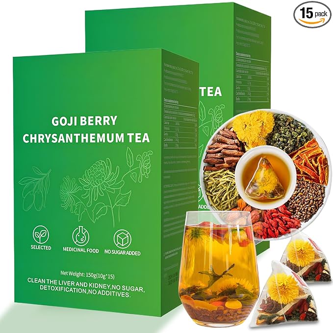 Goji Berry Chrysanthemum Tea for Liver Health 8 Excellent Raw Material Formulas Chinese Health Herbal Tea Liver Cleanse &amp Detox Herbal Tea Bags 15Bag Vegan Sugar-Free &amp Caffeine-Free (2B