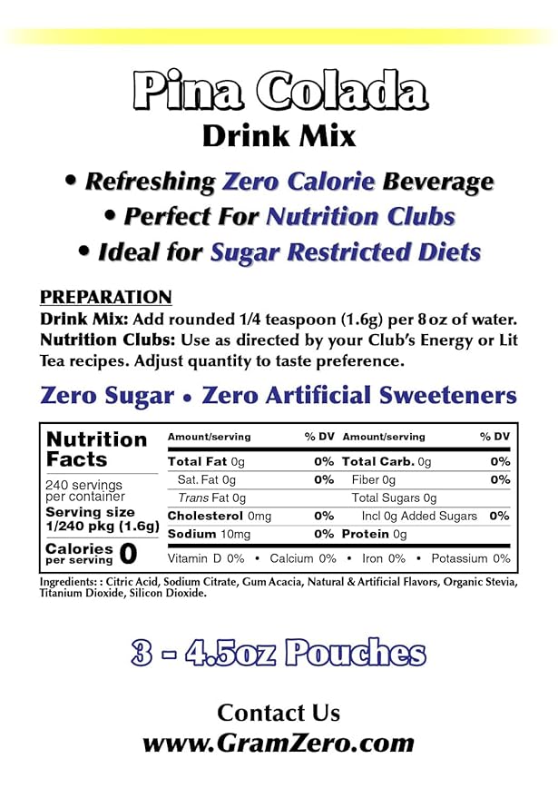 GramZero Pina Colada Zero Calorie Sugar Free Drink Mix Great For Nutrition Club Loaded Teas Stevia Sweetened