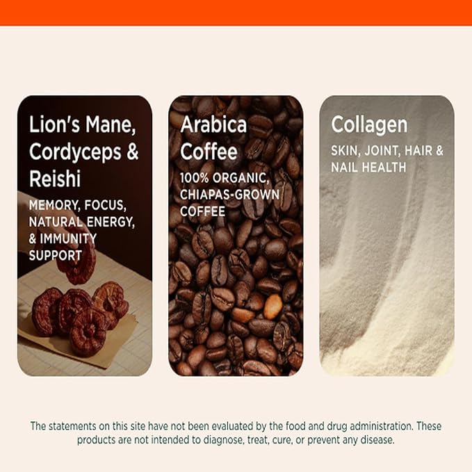 The Genius Brand Organic Mushroom Coffee + Collagen - Daily Energy Support - Healthy Immune Function - Arabica Coffee with Cordyceps Reishi &amp Lion's Mane Mushroom Blend - 10.6 oz (30 Servings)