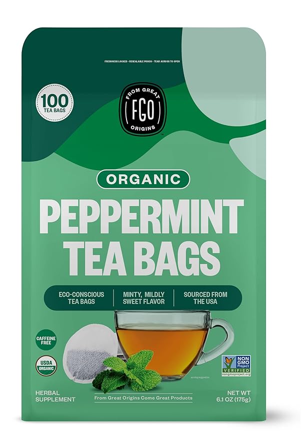 FGO Organic Peppermint Tea 100 Count Eco-Conscious Tea Bags Caffeine Free Packaging May Vary (Pack of 1)