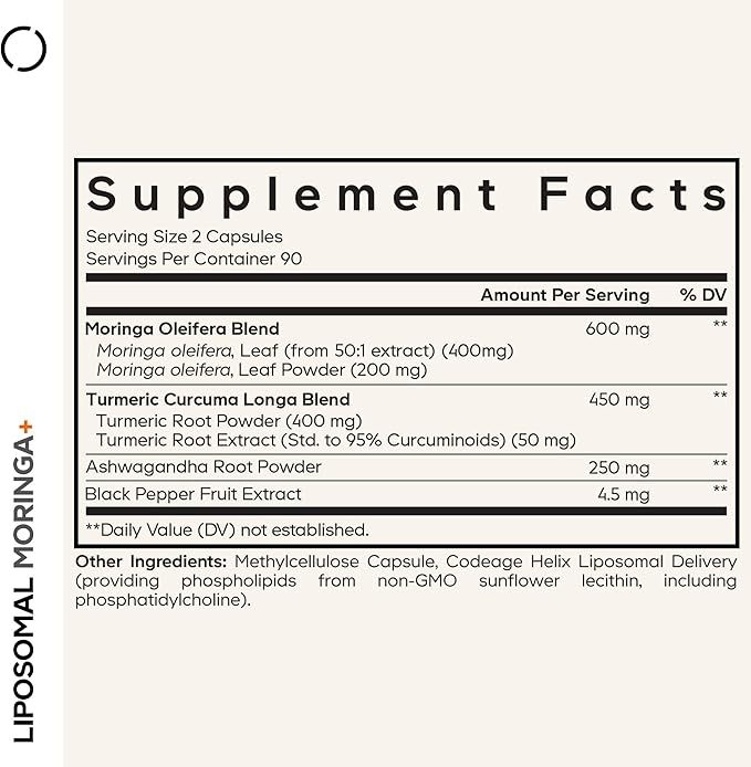 Codeage Liposomal Moringa+ Supplement 400mg Moringa 50:1 Extract - Turmeric Ashwagandha Black Pepper 3-Month Supply Vegan Moringa Powder - 180 Capsules