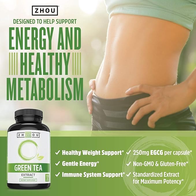 Zhou Green Tea Extract Capsules with EGCG Natural Energy Mental Focus Immune Health Antioxidant and Heart Support Non-GMO Vegan Gluten Free 120 Capsules