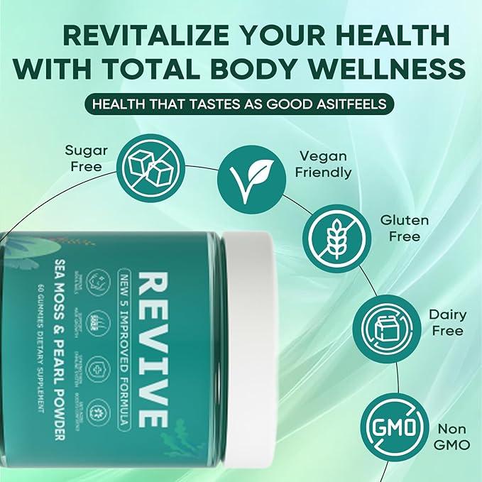 Revive Hair Gummies Balmbare Revive Gummies for Hair Promotes Thicker Fuller Stronger Hair with Organic Irish Sea Moss Pearl Powder Glow Vitamin C/E Aloe Vera 60 Count