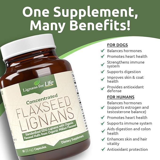 Lignans For Life Flaxseed Lignans for Dogs + SDG - Omega 3 Fatty Acids High Fiber Antioxidants - Helps Improve Shiny Coat Digestive &amp Heart Health Flax Seed for Dogs 90 Flaxseed Capsules 2 Pac