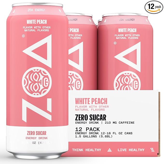 ZOA Zero Sugar Energy Drinks - White Peach | Healthy Energy Formula with Natural Caffeine Daily Vitamin C Essential B-Vitamins | Gluten-Free Keto Friendly | 16 Ounce Cans (Pack Of 12)