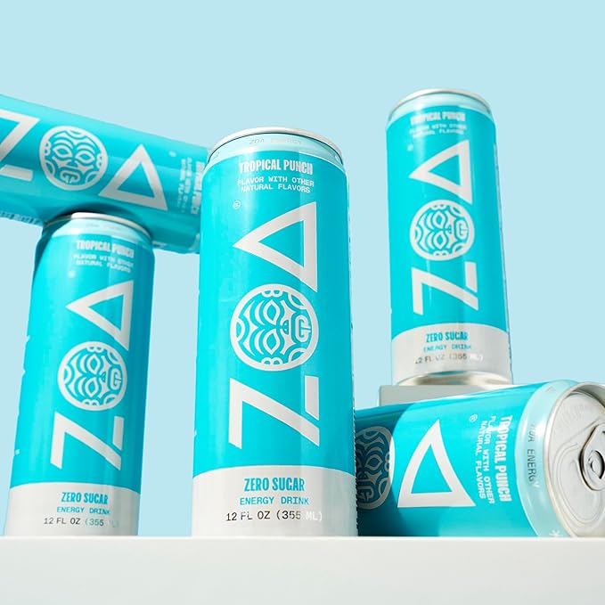 ZOA Zero Sugar Energy Drink Variety Pack 18 12 oz cans White Peach Tropical Punch Frosted Grape