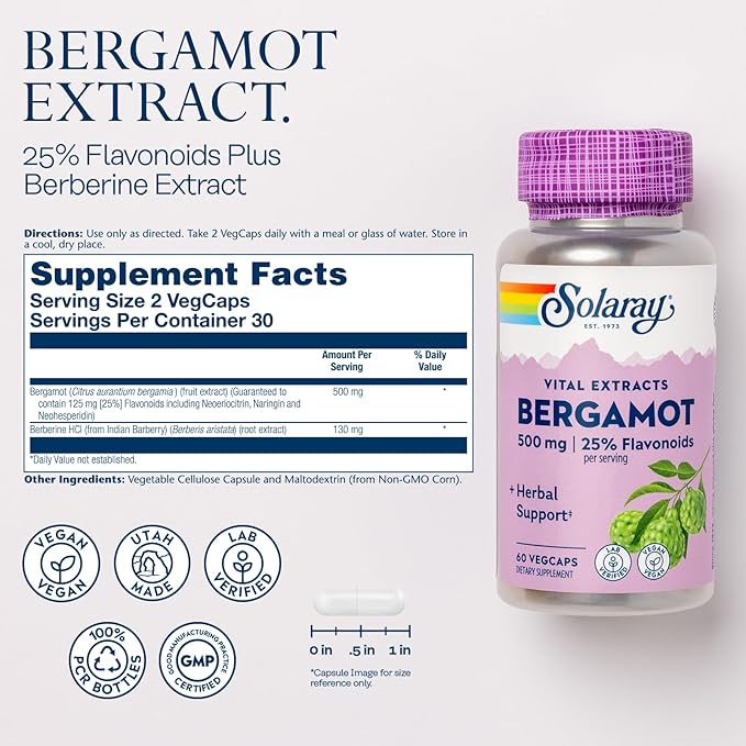 SOLARAY Bergamot 500 mg - Citrus Bergamot Supplement for an Active Lifestyle - Standardized to 25% Flavonoids - with Berberine HCl from Indian Barberry - Vegan 60-Day Guarantee 30 Serv 60 VegCaps