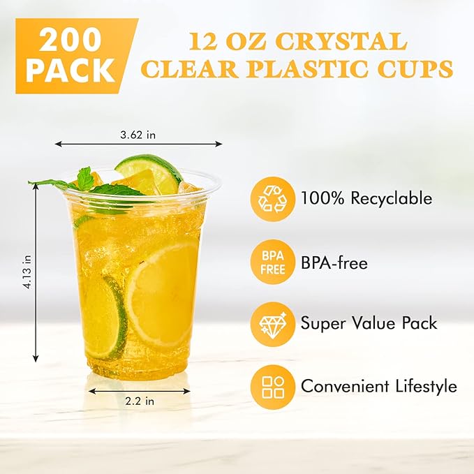 Vplus 200 Pack 12 OZ PET Clear Plastic Cups with Lids 12 OZ Crystal Cold Disposable Drinking Plastic Cups with Flat Lids Perfect for Ice Coffee Smoothie Juice