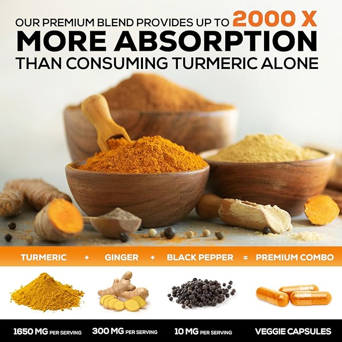 Turmeric Curcumin Supplement - 95% Curcuminoids with Organic Turmeric &amp Ginger BioPerine Black Pepper Extract for Best Absorption Natural Vegan Joint Support Non-GMO Bottled in USA - 180 Capsu