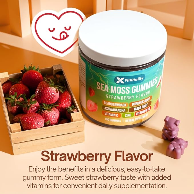 150 Sea Moss Gummies | Strawberry Flavor Vegan Gummies | Extra Rich 9-in-1 Formulation with Irish Sea Moss Elderberry Bladderwrack Burdock Ashwagandha Maca Zinc B12 | Energy &amp Immune Suppor