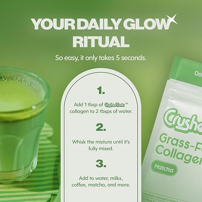 Crushed Tonic Bovine Collagen Powder Korean Beauty Drink with Hydrolyzed Collagen Peptides for Skin Hair &amp Nails | Gluten-Free Halal &amp Kosher (Matcha 5 Servings (50 g) Mini Pouch)
