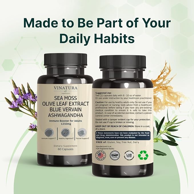 VINATURA Organic Sea Moss Blue Vervain - with Black Seed Oil Ashwagandha Ginger Burdock Root Capsules - 1250mg per Serving *USA Made &ampTested* Immune Booster for Adults