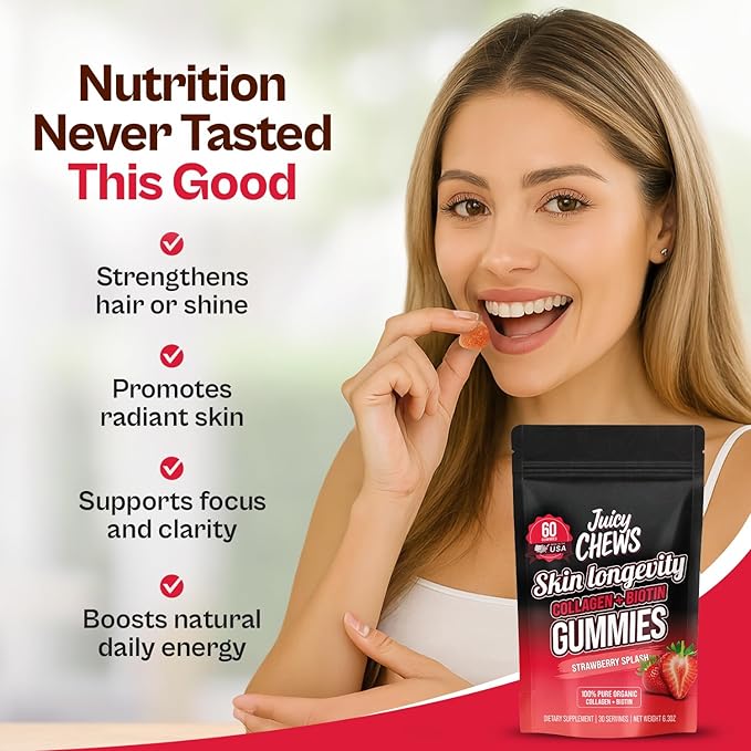 Biotin and Collagen Gummies | Low Sugar Non-GMO Collagen Gummies for Men and Women | All Natural Flavors | 60 Gummies | 30 Servings | Strawberry Flavor