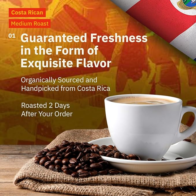 Kochere Costa Rican Specialty Whole Bean Coffee – 1LB Medium Roast – Freshly Roasted to Order – Single Origin Farm Direct Rich Flavored Coffee Beans – Sweet Apple Raisin &amp Honey Notes