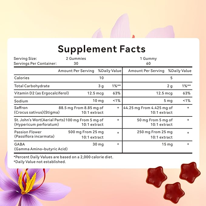 Gummies – Calm &amp Focus Support Gummies Sugar-Free Saffron Chews with Passion Flower &amp Chamomile Daily Mood Balance Supplement 60 Count(30-Day Supply).(1)