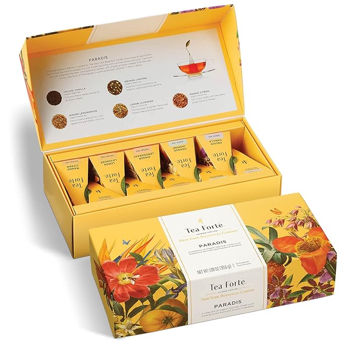 Tea Forte Paradis Petite Presentation Box Tea Gift Set Sampler 10 Count 2 of Each Variety Individually Wrapped Handcrafted Pyramid Infuser Bags