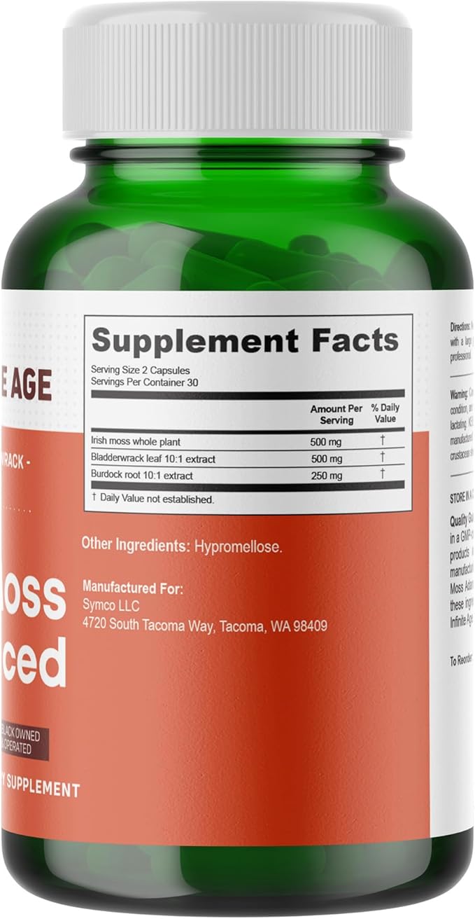 INFINITE AGE 1250mg Sea Moss Advanced Superfood Capsules 60 Count - High-Potency Vegan Made in The USA - Irish Seamoss Bladderwrack Burdock Root - Overall Health Immunity Support