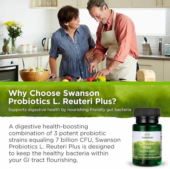 Swanson L. Reuteri Probiotic Plus with L. Rhamnosus L. Acidophilus &amp FOS Prebiotic for Gut-Health-Conscious Adults - 7 Billion CFU (30 Vegan Capsules 4 Pack)