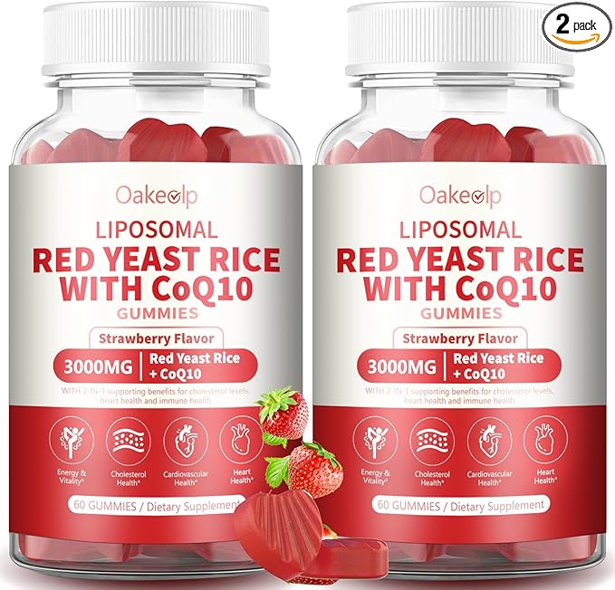 2 Pack Liposomal Red Yeast Rice with Coq 10 3000mg GummiesOrganic Red Yeast Rice Cholesterol Lowering Supplements Enhanced with Coq 10 for Heart Health SupportLiposomal Enhance 98% Absorption