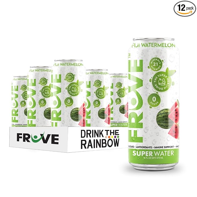 FrUve Super Water | Fiji Watermelon Flavor | 12 16oz Cans | Healthy Drink | Zero Sugar | Low Calorie Drink | Powerful Antioxidants | Boosts Immune System | NON-GMO | The Super Health Drink