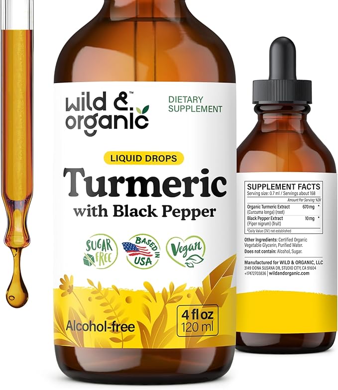 Wild &amp Organic Turmeric Tincture - Turmeric Curcumin with Black Pepper Extract - Mobility Support Supplement - Curcumin Root Liquid Drops - Vegan Sugar &amp Alcohol-Free - 4 fl oz
