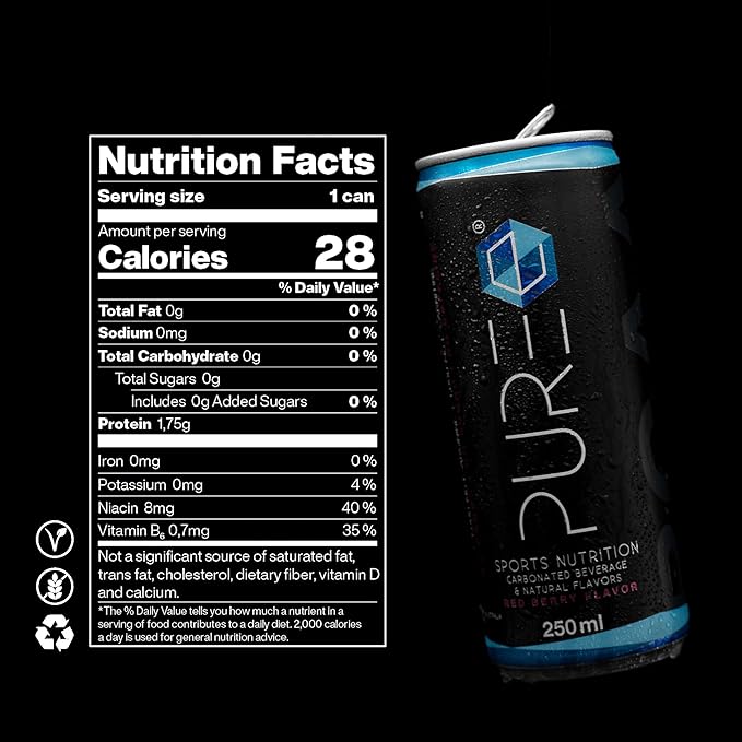 PURE Energy Drink Sports Nutrition 800 MG BCAA | NO SUGAR| NO CARBS | NO CAFFEINE | Vegan | L-Arginine + L-Carnitine (8.4 Fl OZ - 24 Pack)