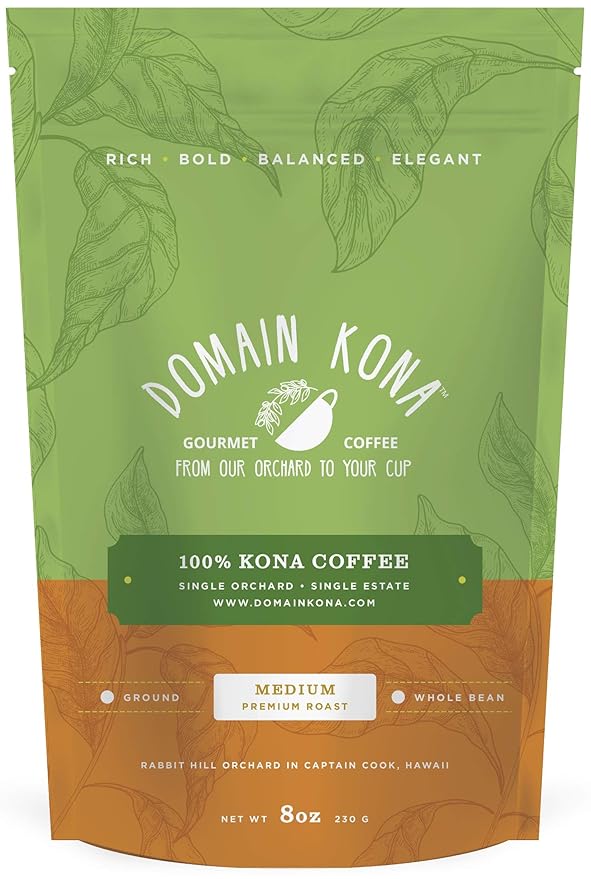 100% Kona Coffee – Whole Bean Medium roast Single estate gourmet coffee 8 ounces Farm fresh roasted from Domain Kona Coffee