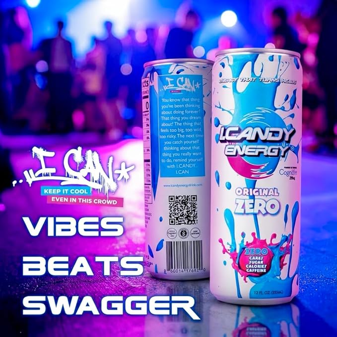 I.CANDY ZERO Energy Drink Caffeine Free Sugar Free Energy Drinks 24 Pack 12 oz Cans Zero Sugar Zero Calorie 250mg Cognizin Citicoline No Caffeine Mental Focus Energy