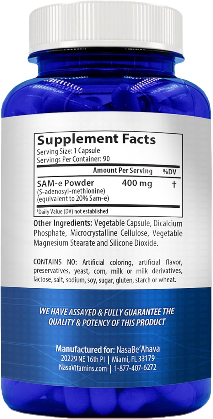 SAM-E Supplement 400mg | Easy Absorption S-Adenosyl-L-Methionine SAM-e 400mg for Bone and Mood Support Supplement | Made in The USA Non-GMO and Gluten Free (90 Day Supply)