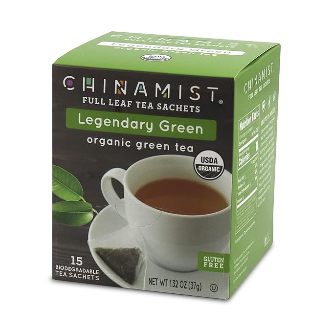 China Mist - Legendary Green Organic Full Leaf Tea Sachet 15 count box - Biodegradable and Individually Wrapped (6 Pack)
