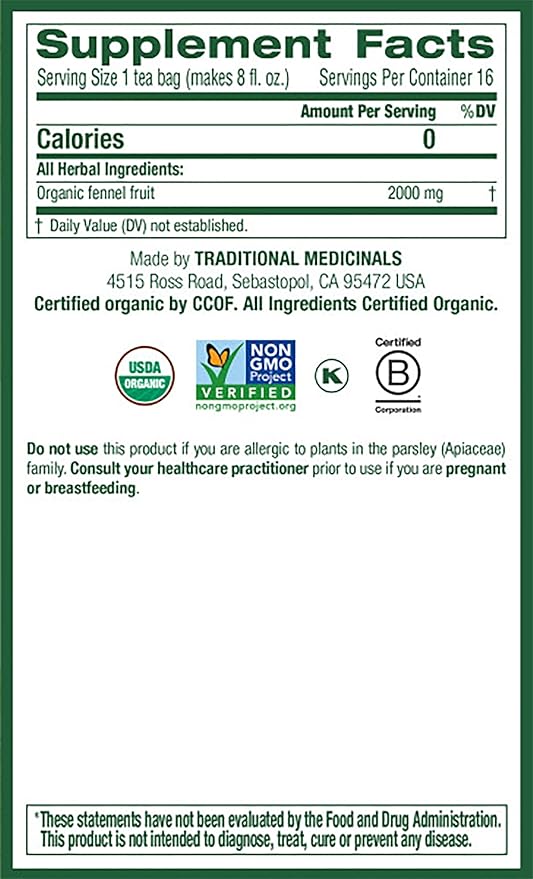 Traditional Medicinals Organic Fennel Herbal Tea Promotes Digestive Health (Pack of 6) - 96 Tea Bags Total