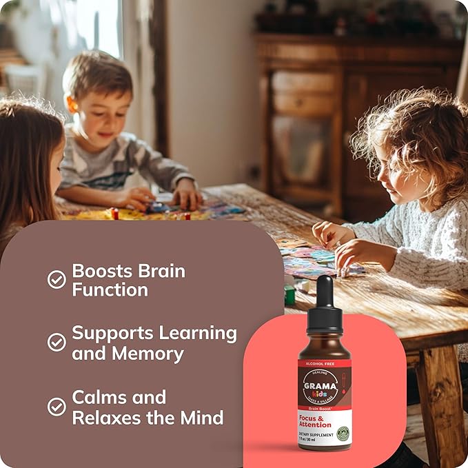 Grama Wellness - Focus &amp Attention Organic Kids Brain Vitamins &amp Cognitive Support Drops ADHD Supplement with Ginkgo Biloba Rhodiola Gotu Kola Licorice Root | Made in USA – 30 Servings