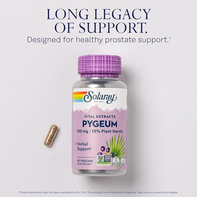 SOLARAY Pygeum Bark Extract One Daily 100mg | Healthy Prostate Support | Guaranteed to Contain 13 mg Total Plant Sterols | 30 VegCaps