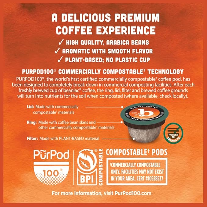 beaniac Sweet n' Saucy Caramel Flavored Light Roast Single Serve Compostable K Cup Coffee Pods Arabica Coffee with Natural Flavors Keurig Brewer Compatible 30 Count